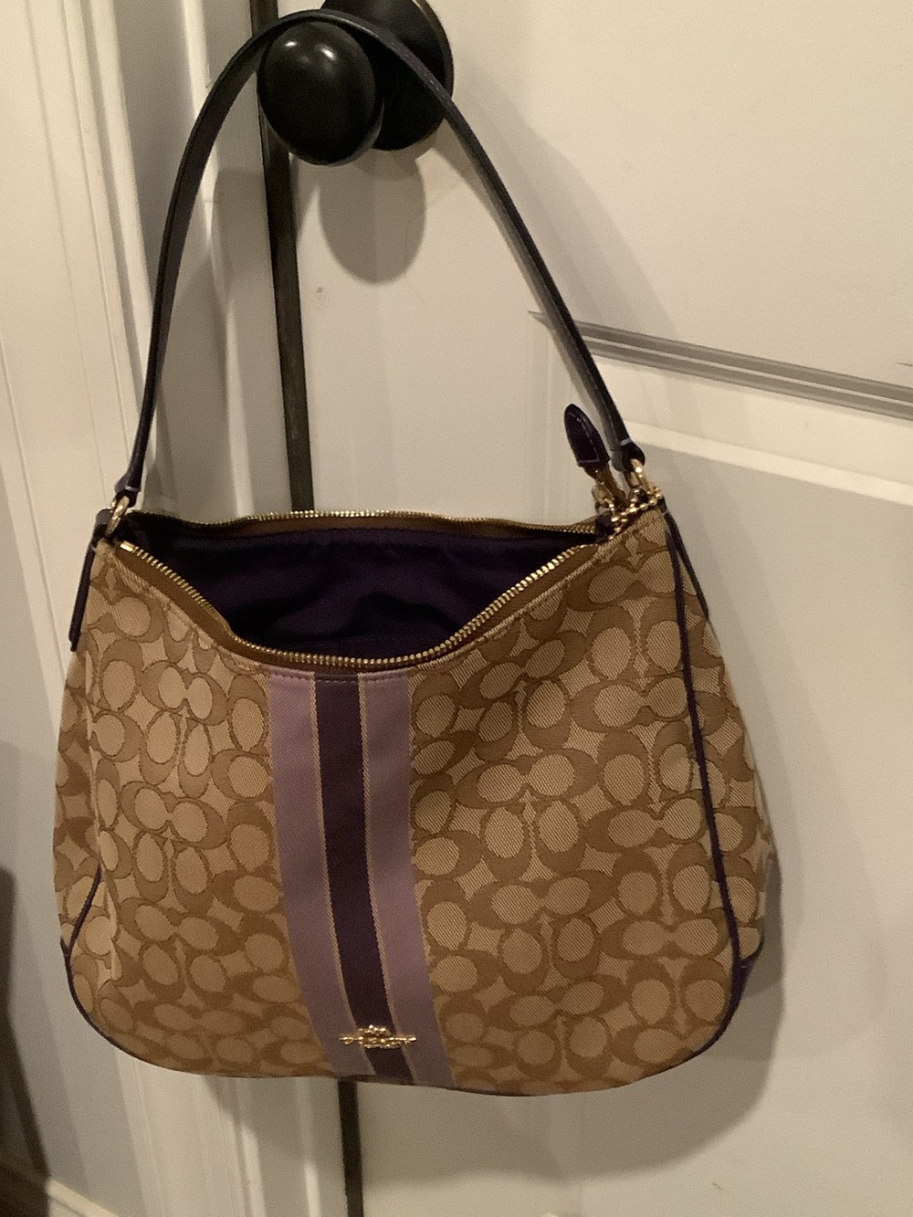 Coach Tan Canvas Shoulder Bag with Purple Stripe